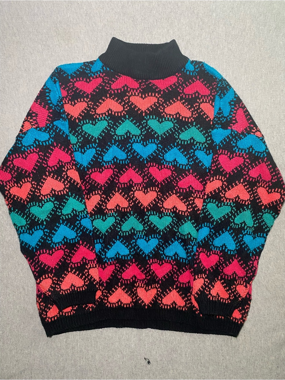 Vintage Multi Color Heart Sweater Womens M Black Boho Hippie Chunky Preppy